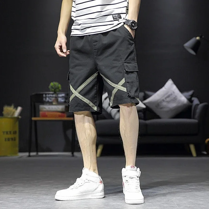 Baggy with Pockets Half Mens Cargo Shorts Draw String Short Pants for Men Wide Long Elastic Waist Bermuda Solid Loose Nylon Y2k