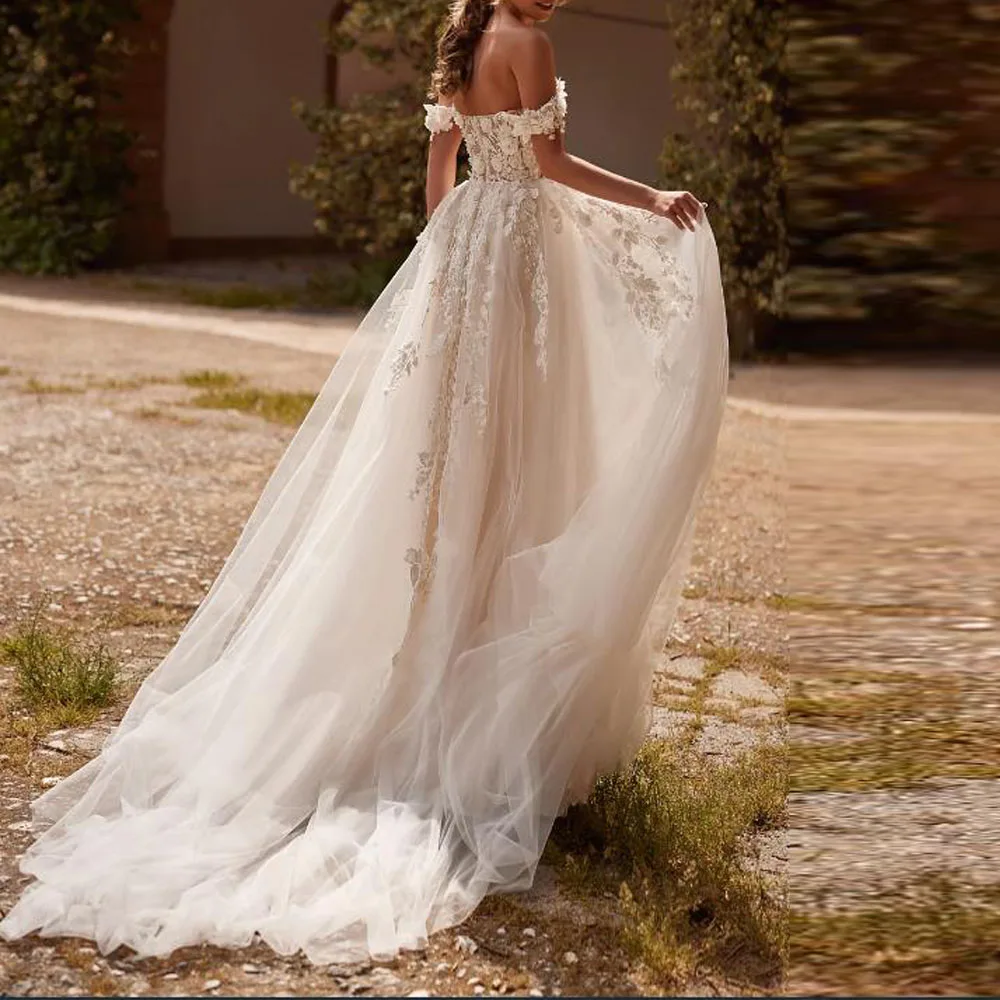 Customized Floral Lace Boho Wedding Dresses for Bridal Off the Shoulder Summer Bride Gown Ivory Minimalism Wedding Gowns
