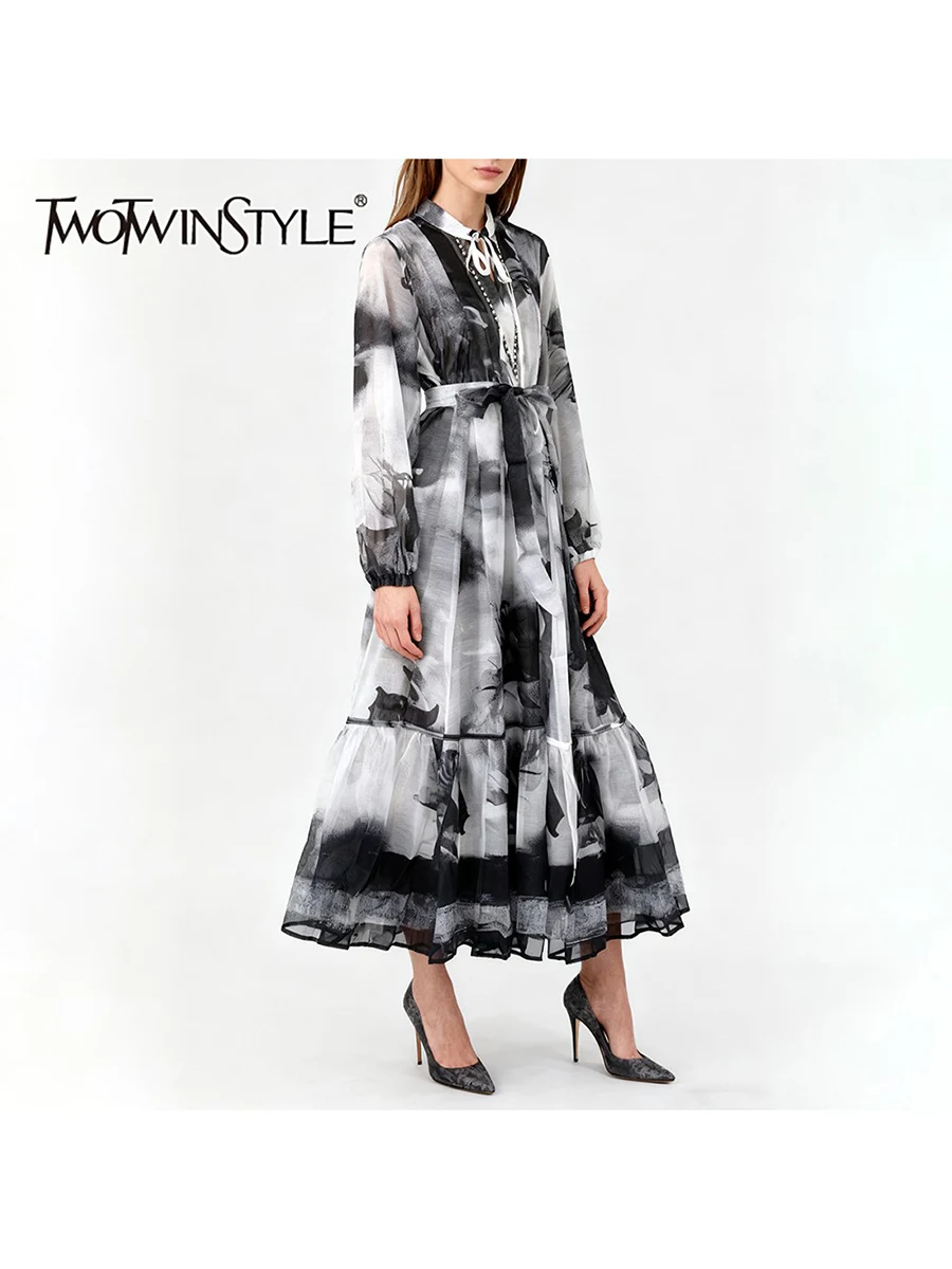 

TWOTWINSTYLE Hit Color Printing Spliced Lace Up Dresses for Women O Neck Long Sleeves Patchwork Bead Elegant Dress Female New