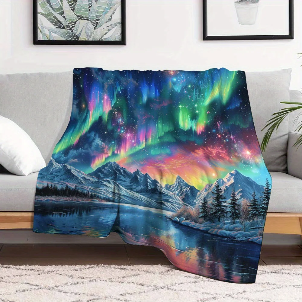 [Cozy Watercolor Aurora Blanket] Soft Warm Cozy Watercolor Aurora Borealis Blanket | Snowy Mountain River Abstract Lightweight P