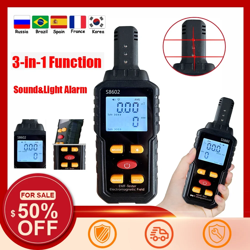 

S8602 3-in-1 Digital Radiation Detector Electric EMF meter Home Office Radiation dosimeter Sound Light Alarm LCD Display