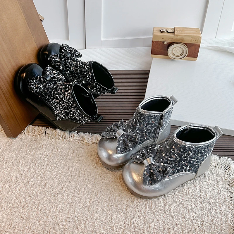 Girls Sequins Bow Princess Ankle Boots Autumn Winter Kids Short Leather Boot Side Zipper Children Fashion Party Dress Shoes