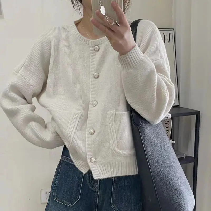 

O-Neck Solid Color Long Sleeved Knitted Jacket Autumn Winter Single Breasted Cardigan Jacket Simple Style Casual Sweater Jacket