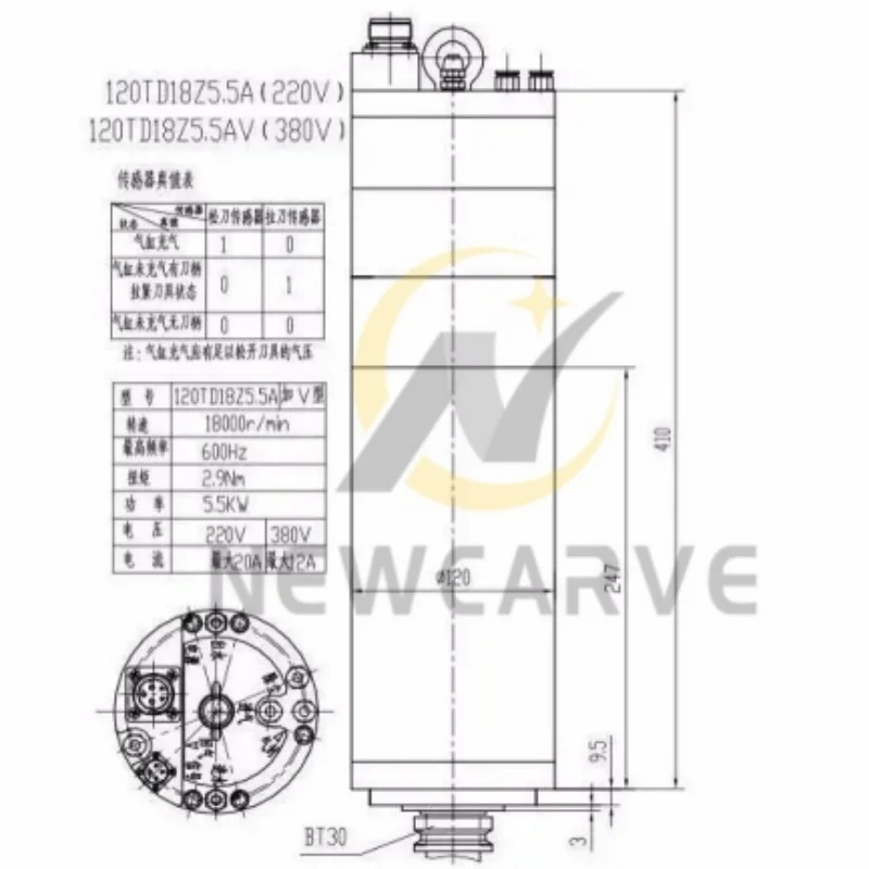 BT30 ATC スピンドルモーター 5.5KW 220V 380V 120TD18Z5.5A GDL120-30-18Z/5.5 自動工具交換 18000RPM 金属彫刻・フライス加工用