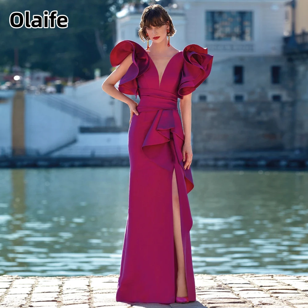 

Olaife Prom Dresses for Women Ruffled Deep V Neck Mermaid Evening Gowns Long Trumpet Side Split Satin Wedding Guest Dress