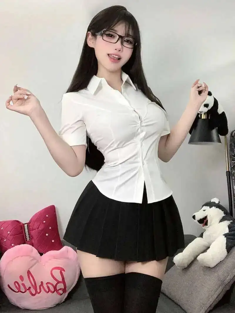 2025 Spring/autumn New Pure Desire JK Spicy Girl Lapel Short Sleeve White Shirt+high Waisted Pleated Skirt Two Piece Set D8US