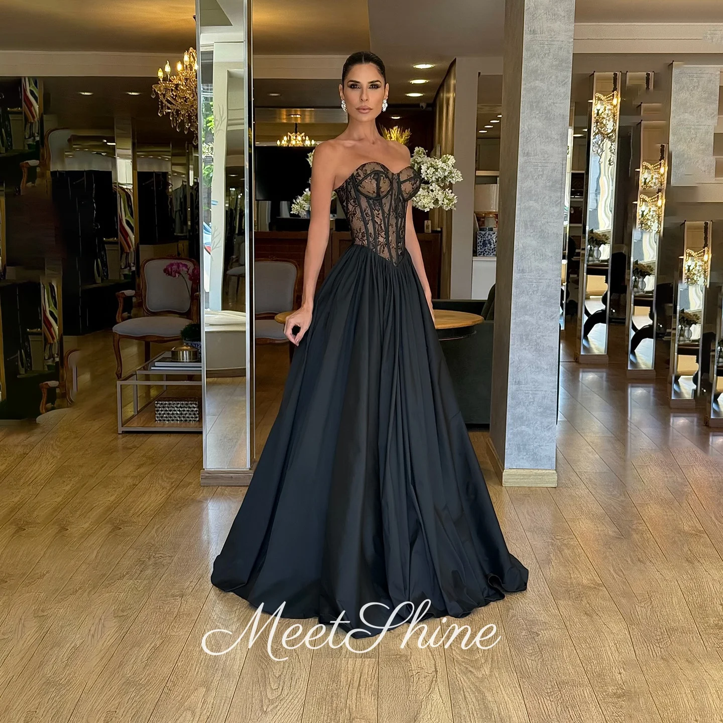 Modern Sweetheart A-line Satin Side Slit Prom Dresses Elegant Backless Pleated Princess Evening Dresses for Women Customized