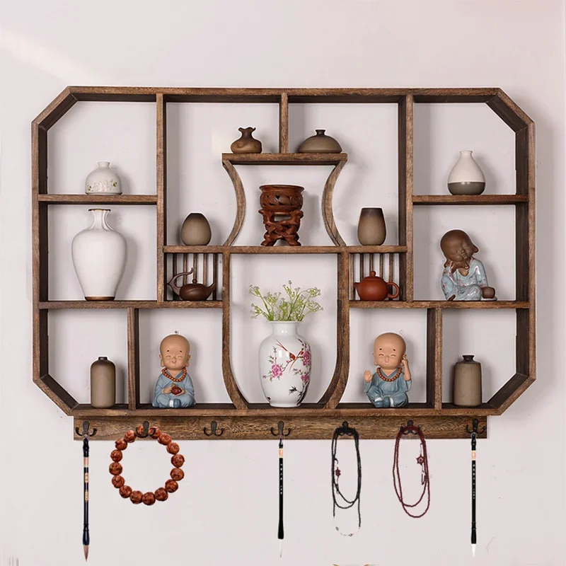 

Vintage Display Stand, Chinese Desk Organizer, Solid Wood Multi-layer Holder, Elegant Wall Hooks, Multi-scene Suitable