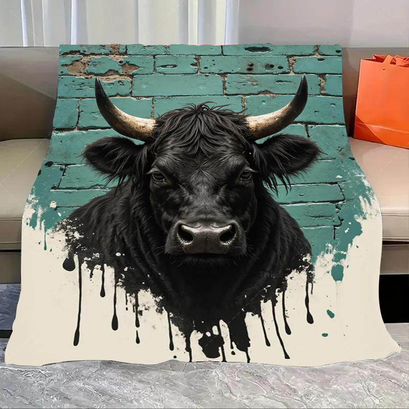 

1 шт. фланелевое одеяло в деревенском стиле, черное одеяло с быком и бирюзовым кирпичом, настенное искусство для уютного декора фермерского дома