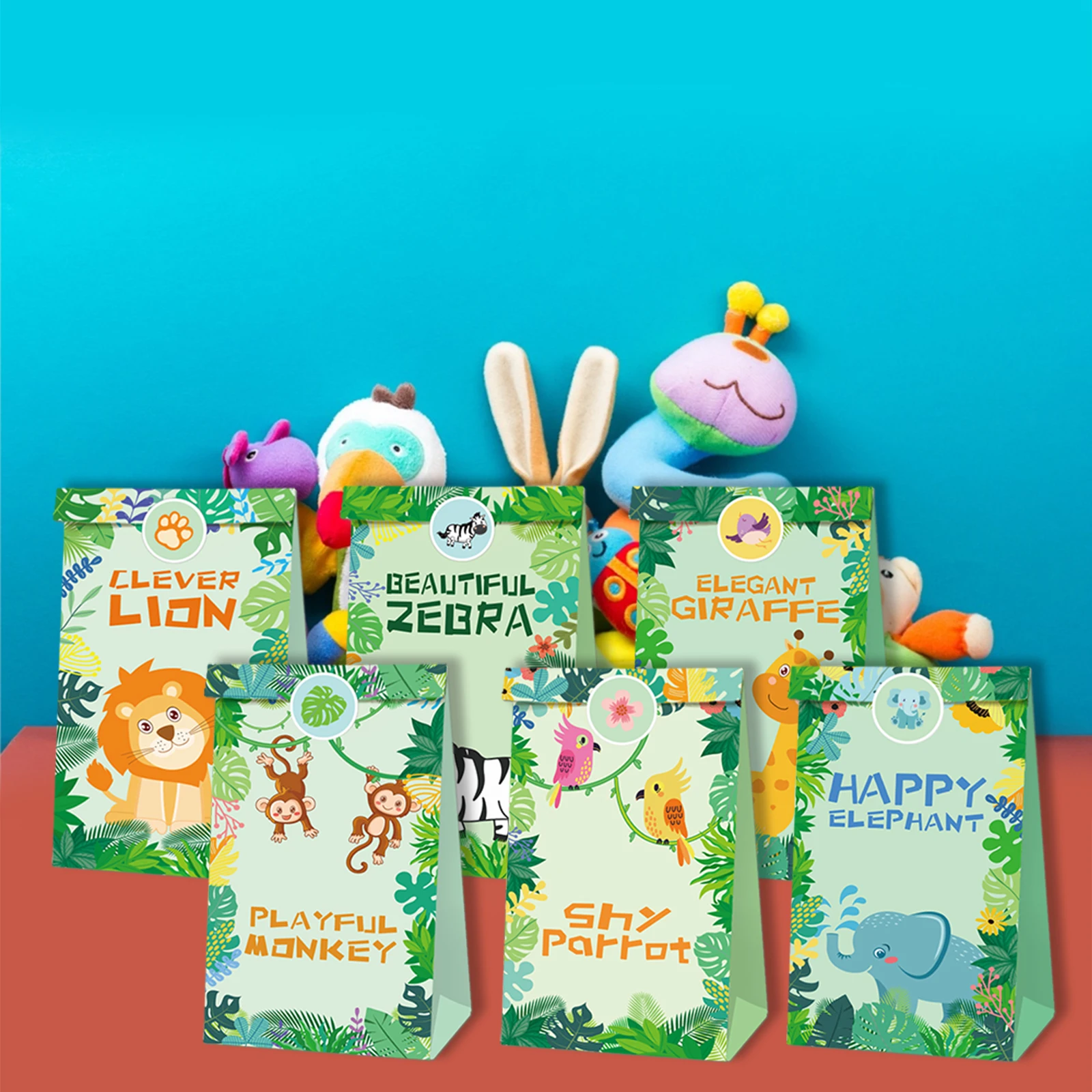 

LB083 12Pcs Cartoon Jungle Animals Birthday Party Candy Packing Kraft Paper Gift Bags with Sticker Baby Shower Party Decorations