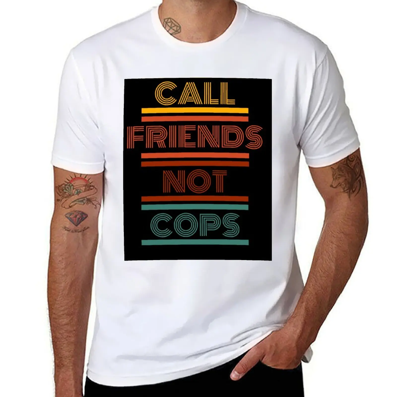 Chame amigos não policiais retro fonte acab camiseta para homem fino ajuste homem t camisa designer camiseta