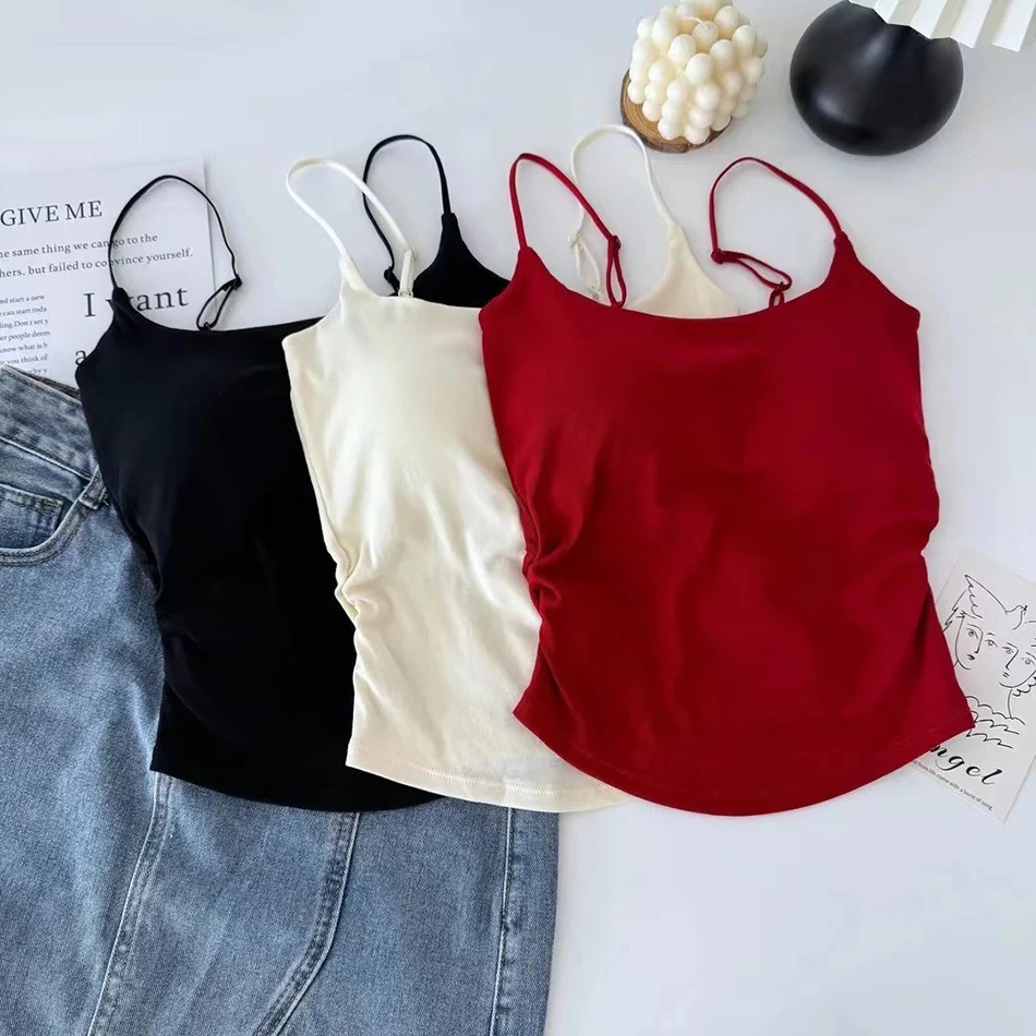 Fashionable and Versatile Solid Color Slim Shoulder Strap Camisole Vest Women Chest Cushion Summer Thin Base Underwears