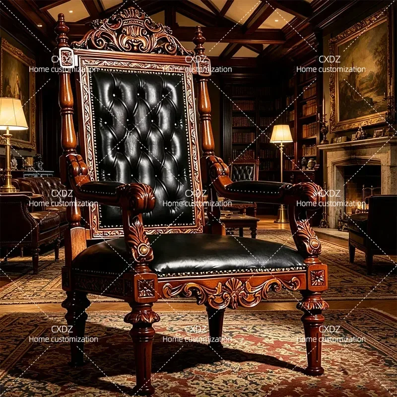 American Leather Leisure Chair European Carved Single Sofa High Back Armchair Book Reading Chair for Villa Living Room Decor