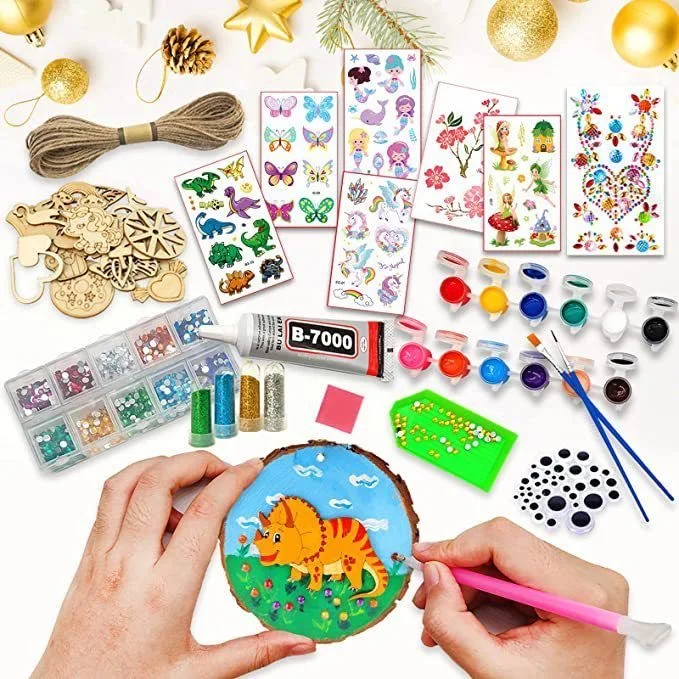 

Kids Creative DIY Wood Slice Painting Kit Handcraft Supplies with Round Stickers Carving & Diamond Art Parent-Child Craft Toy