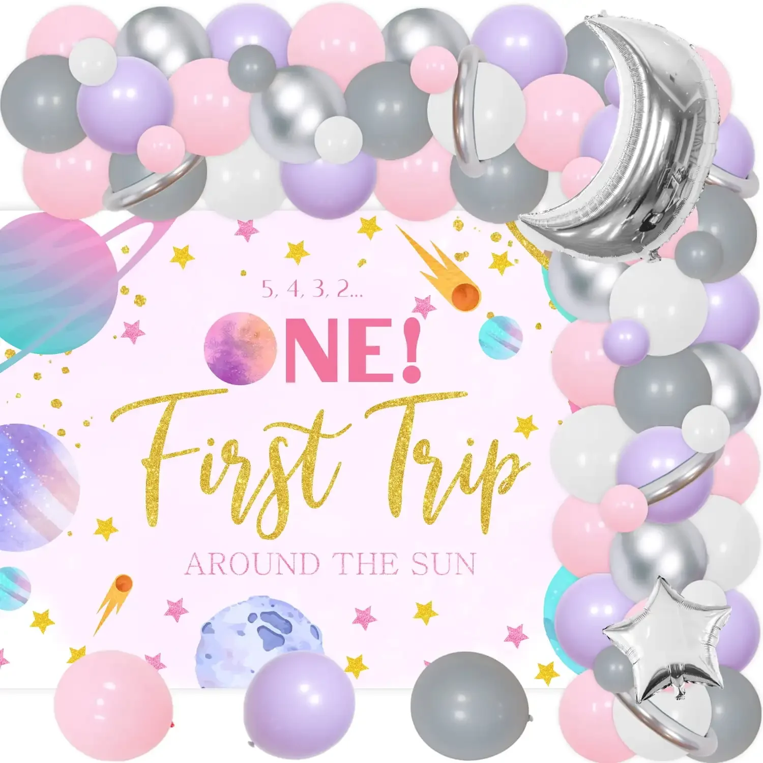 

Outer Space Arch Kit for Girls, 1st Birthday Party Decor, First Trip Around The Sun Backdrop, Pink Silver Moon and Star Balloon