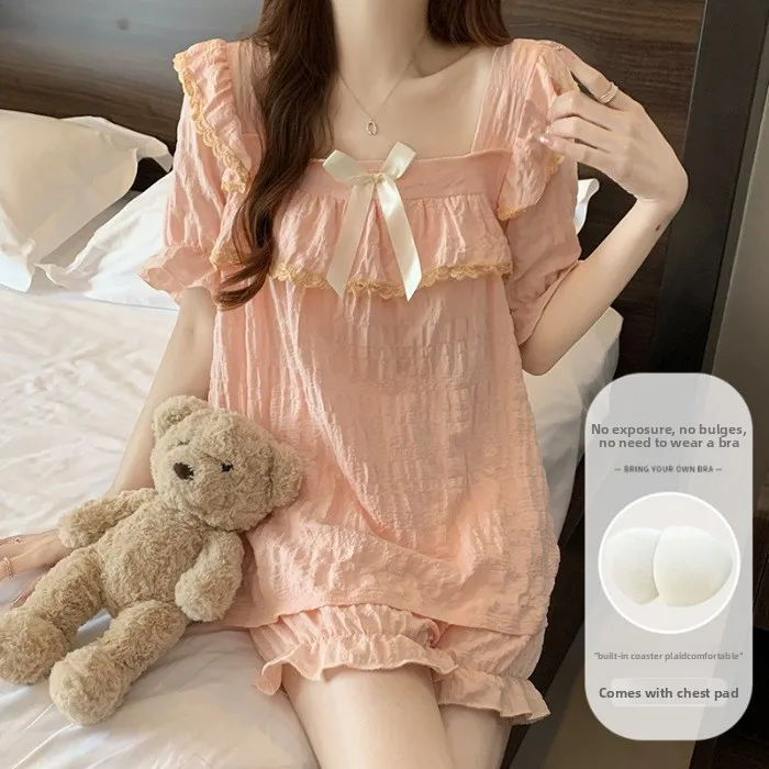 Prinzessinnen-Stil Mädchen Sommer Bequeme Pyjamas Damen Schleifenbänder Modische Loungewear 2-teilig/Set Damen Süße Rüschen Pyjama-Sets
