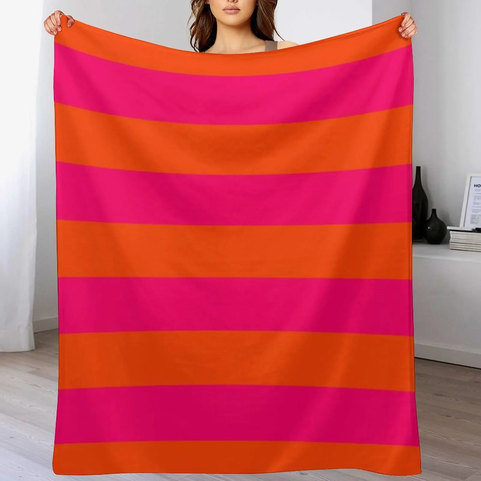 

Bright Neon Pink and Orange Horizontal Cabana Tent Stripes Throw Blanket Decoratives Luxury Softest Warm Blankets