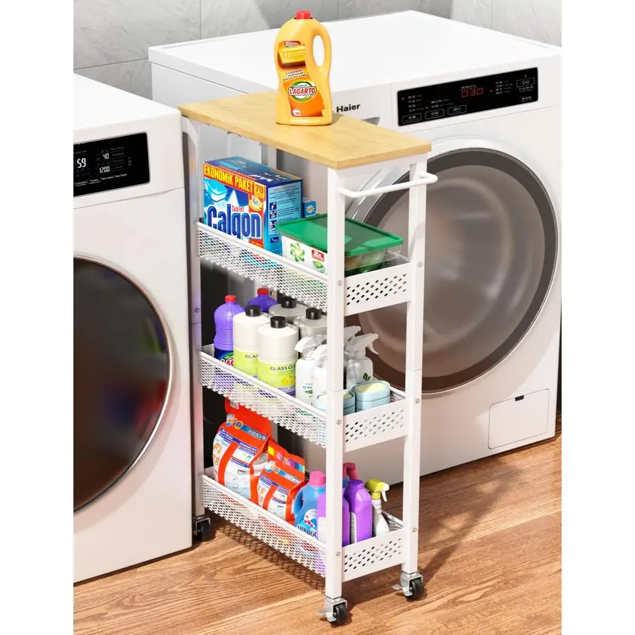 

Slim Storage Cart, 4 Tier Small Rolling Kitchen Laundry Room Cart with Wood Top, Metal Narrow Bathroom Storage Cabinet Mobile Sh