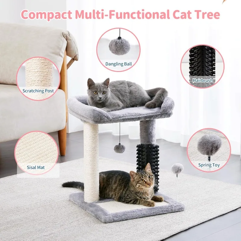 Small Cat Tree Tower, Scratching Post 4-in-1 with Self Groomer Brush, 20