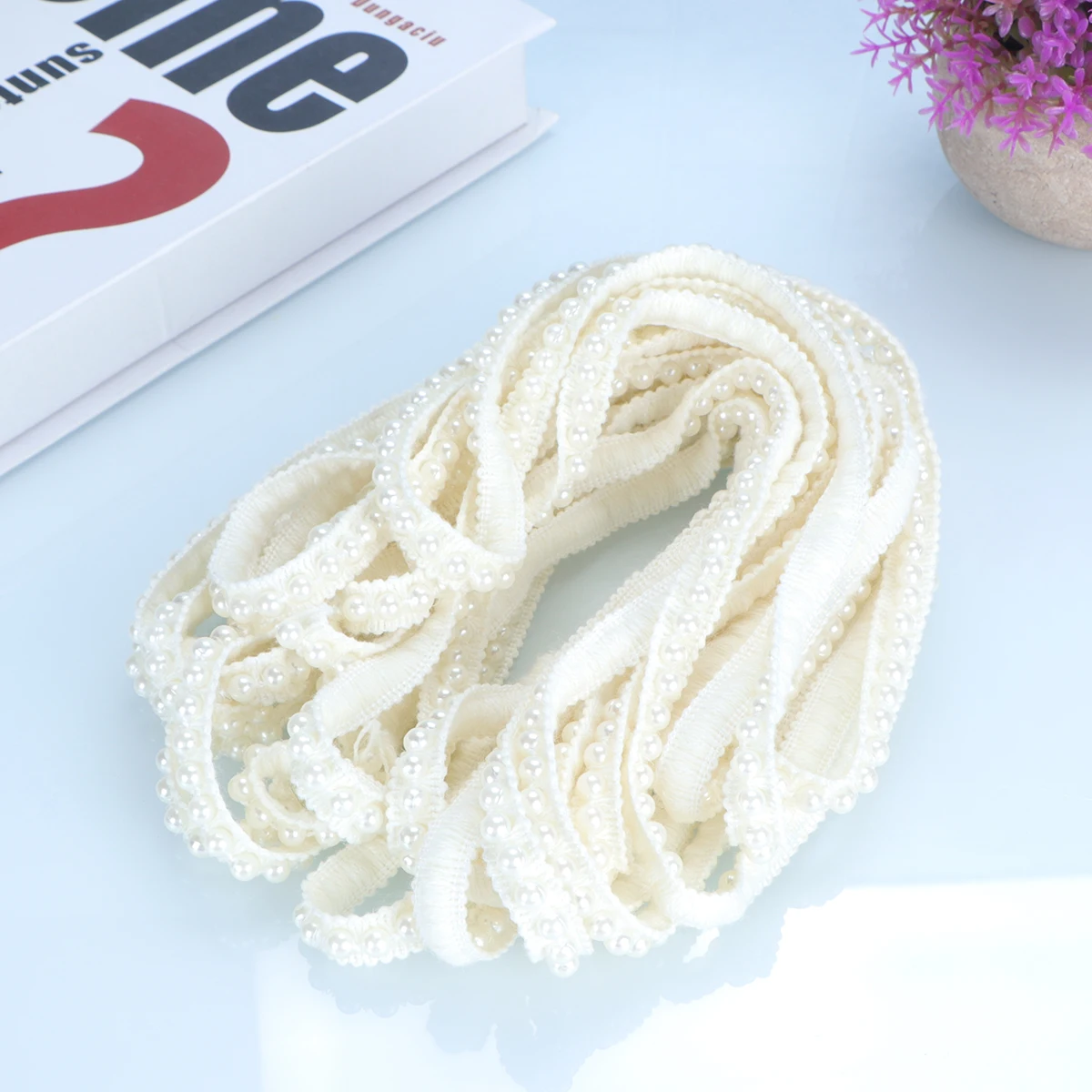 

10 Yard Pearl Lace Ribbon Elegant Fabric for DIY Clothing Accessories Dress Costume Hat Skirt Waistband Decoration