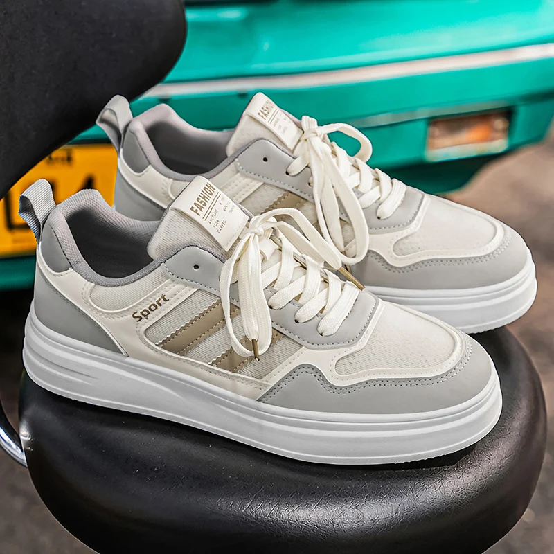 Men Gray White Mesh Skate Shoes Thick Platform Sole Lace Up Casual Sneakers Breathable Upper Sporty Daily Footwear