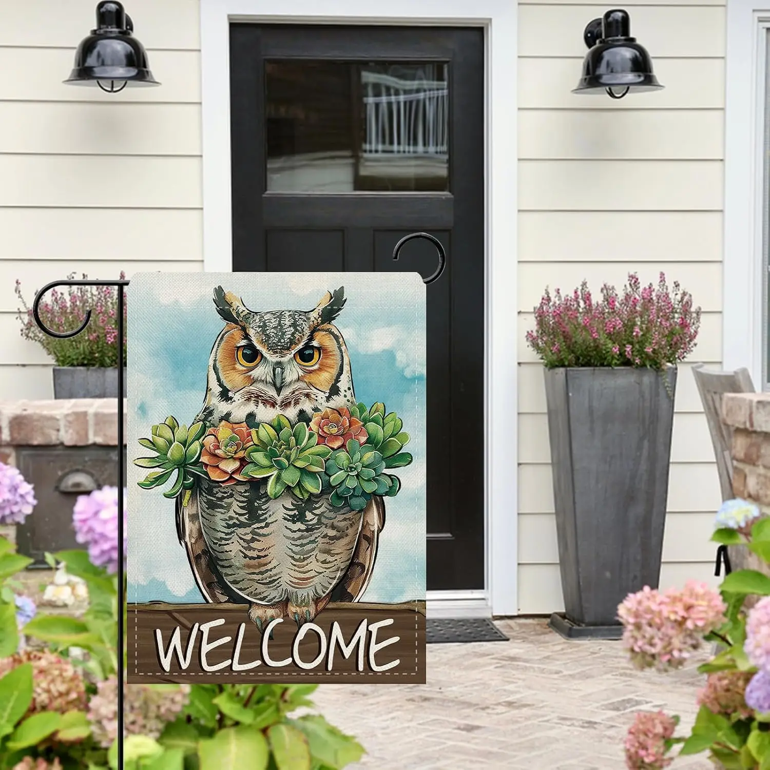 Dyrenson Welcome Spring Summer Owl Bird Decorative Garden Flag, Succulent Plant Yard Outside Home Decoration, Farmhouse Burl IIC