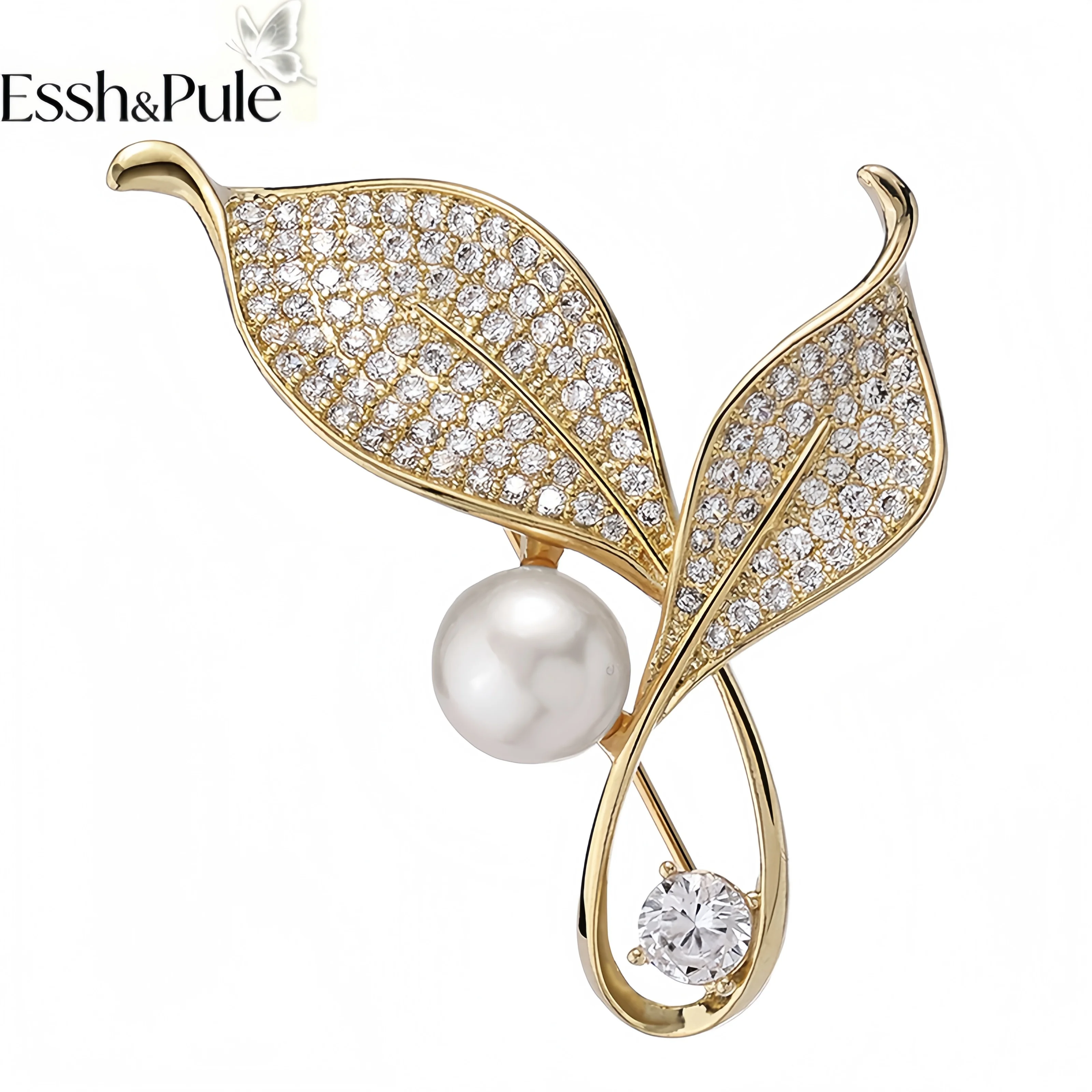 Essh&Pule Oriental Luxury Flower Brooch Crystal Magnolia Peony Pearl Lapel Pin Elegant Women Wedding Coat Accessory Gift