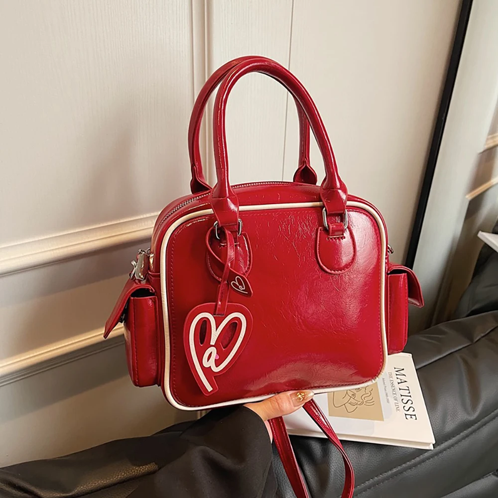 

Women Square Red HandbagsToast Shape Single Shoulder Bag Exquisite Burgundy Pu Leather Crossbody Large Capacity Commuting Pack