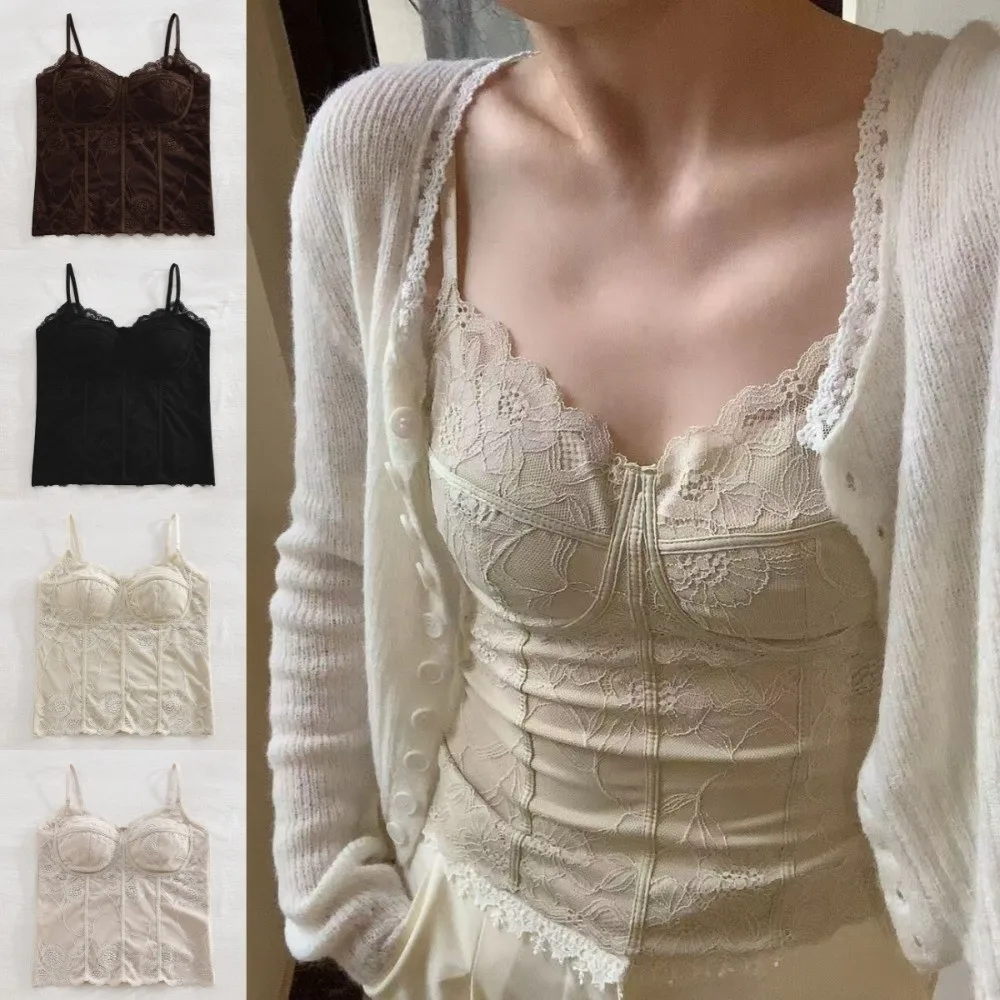 Francuski koronkowy top z siateczki, dopasowany, krótki, z ozdobnymi liniami, dziewczęca bluzka, koszulka bazowa, top na ramiączkach z wkładkami, damska.