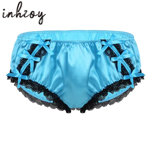 남성용 시시 속옷 란제리 크로스 드레스 팬티, 반짝이는 새틴 프릴 레이스 나비 매듭 니커, 블루머 브리프 속옷