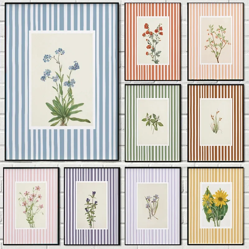 Peinture sur toile 2D, impression sur toile rayée avec motif de lys bleu de la vallée, tournesol, grenade, art mural de jardin, affiche moderne