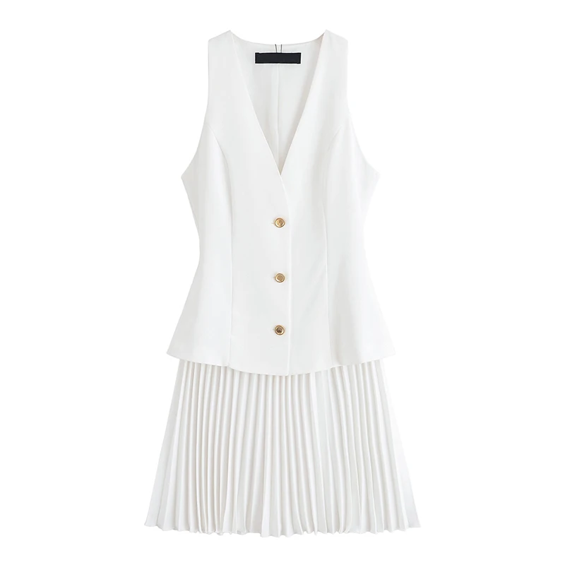 YENKYE 새로운 여성 Pleated Hem 패치 워크 민소매 탱크 드레스 프론트 버튼 V 넥 하이 스트리트 드레스 우아한 오피스 Vestidos