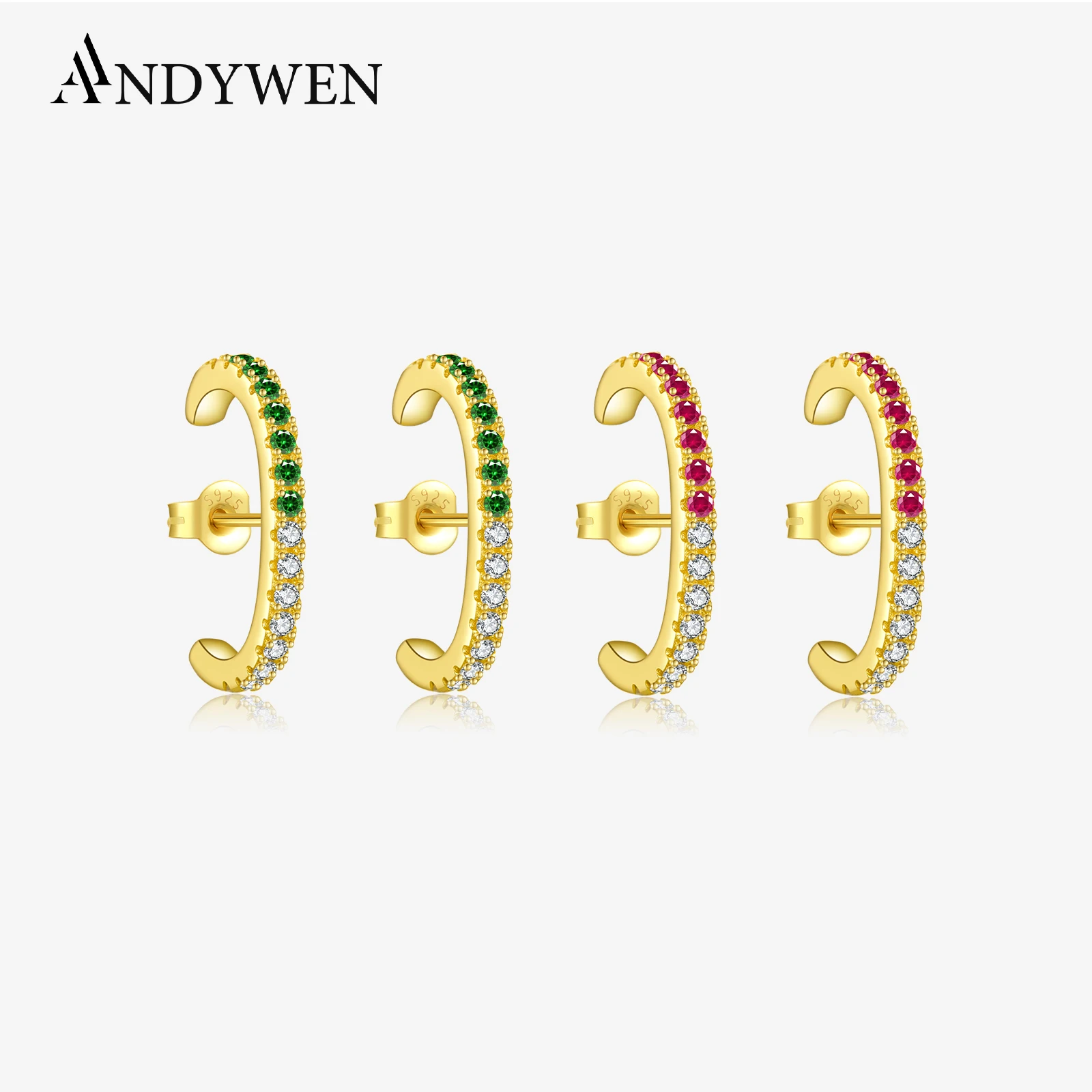 

ANDYWEN 925 Sterling Silver Gold Red Green Stud Earring Line Piercing Women Fine Jewelry Rock Punk Clips Rock Punk Spring Round