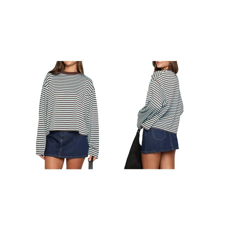 

CYL-женские полосатые рубашки с длинными рукавами, толстовка с заниженными плечами, пуловер с круглым вырезом и цветными блоками, топы