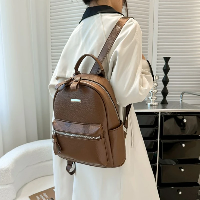 Sac à dos à fermeture éclair solide en PU pour femme, cartable de style classique, grande capacité, haute qualité, mode, 2025, en vente