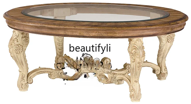 

French Style European Style New Classical American Pure Solid Wood Vintage Distressed Carved Tea Table Golden Side Table