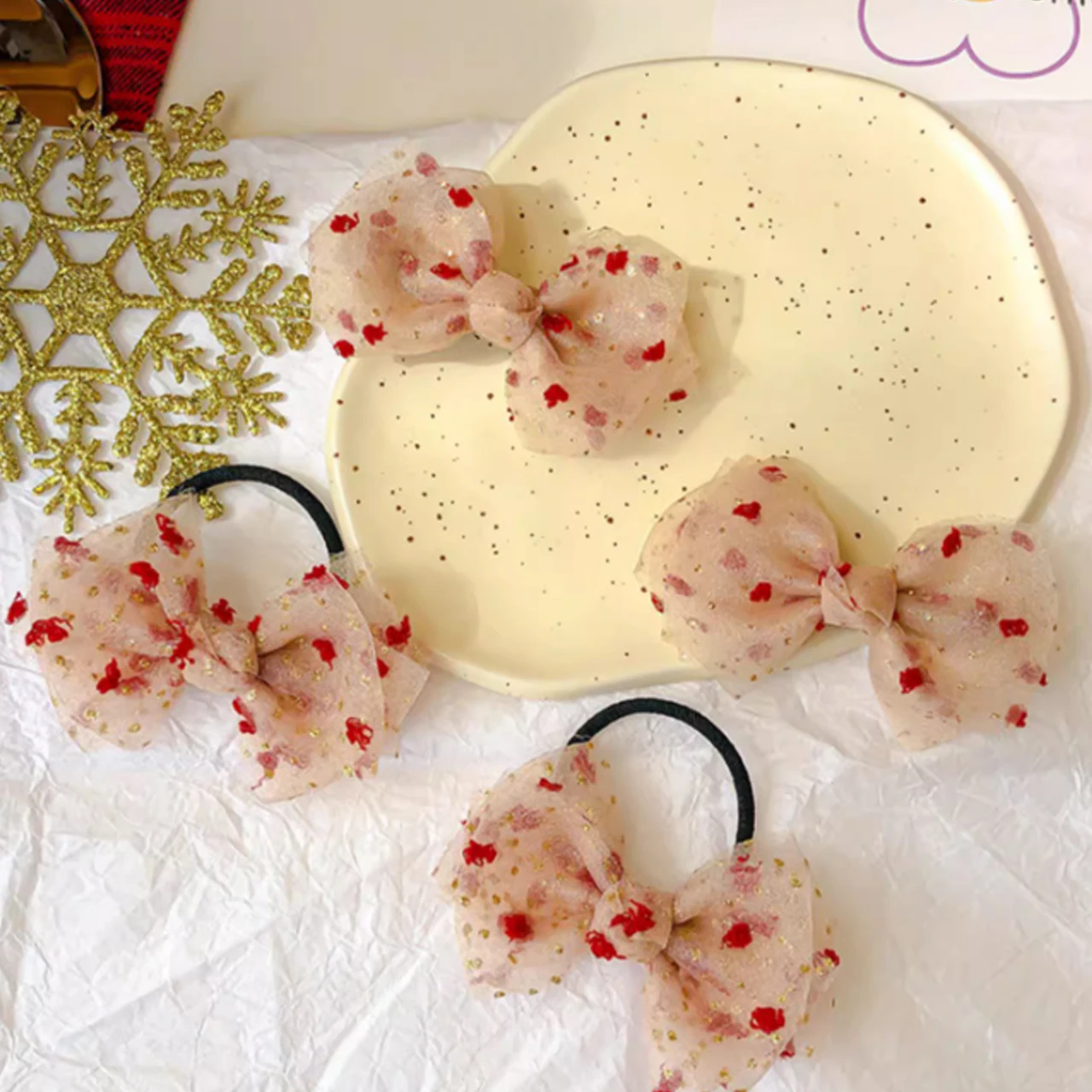 1Pair Polka Dot Mesh Bow Hair Ropes For Baby Headdress Girl 