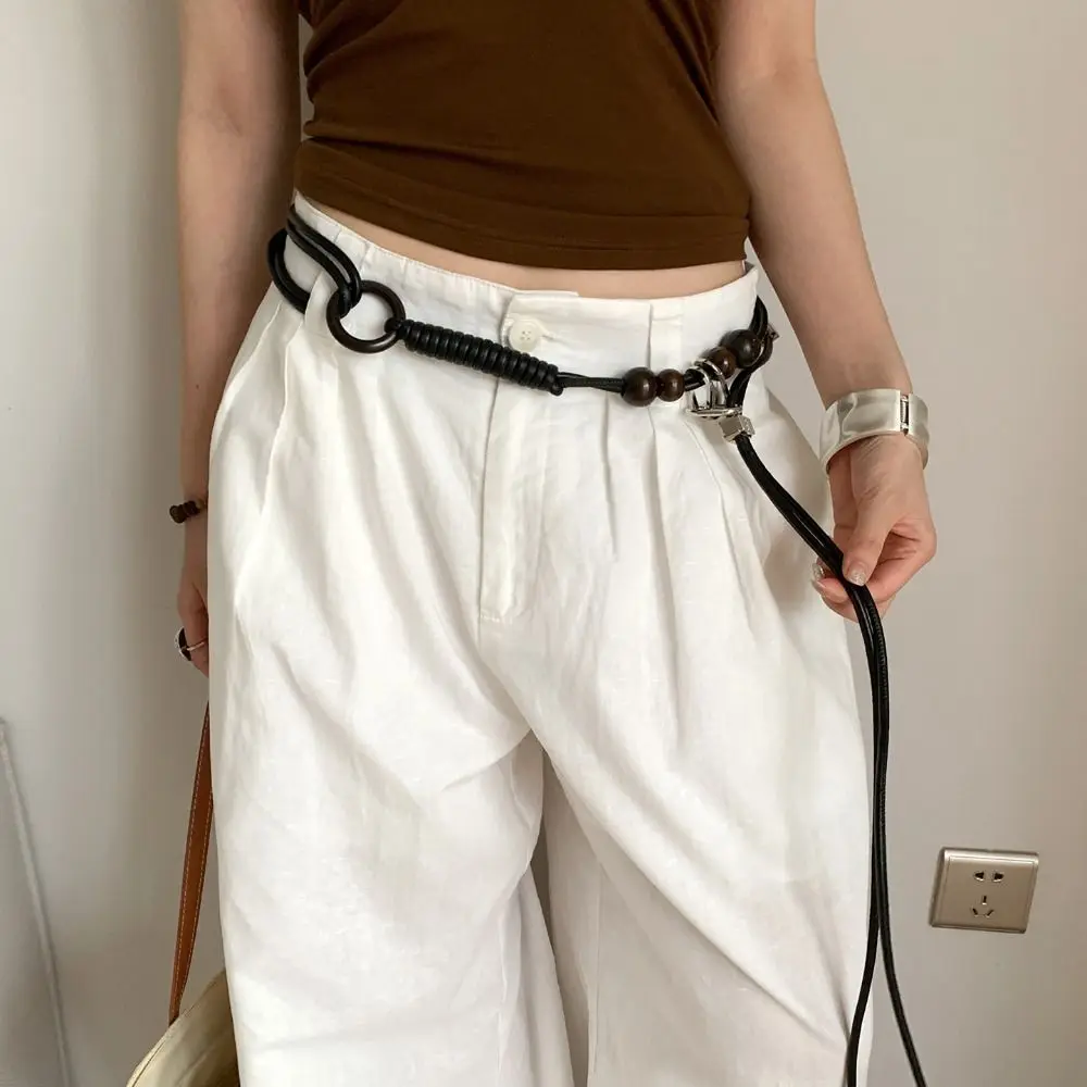 حزام خرز خشبي من جلد البولي يوريثان القديم مع عقدة فنية، حبل خصر متطابق تمامًا، سلسلة خصر مضفرة سوداء قابلة للتعديل للنساء #1