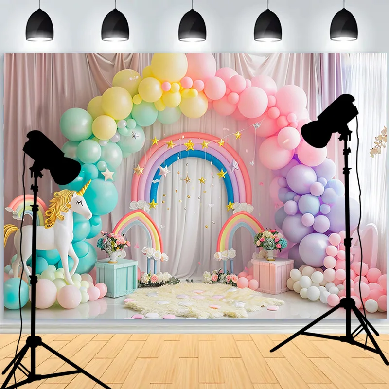 ลูกโป่งทรงโค้งสีรุ้งรูปยูนิคอร์นฉากหลังสำหรับถ่ายภาพ RA-02สำหรับงานเลี้ยงวันเกิดเด็กแรกเกิด