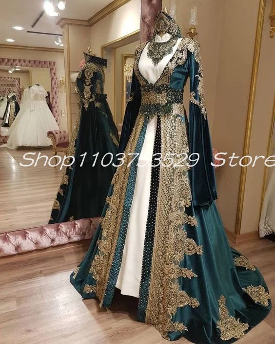 Hunter Green Velvet Caftan Marocain Prom Dresses Luxury Applique Long Sleeve Muslim Arabic Henna Evening Gown Customised 2025