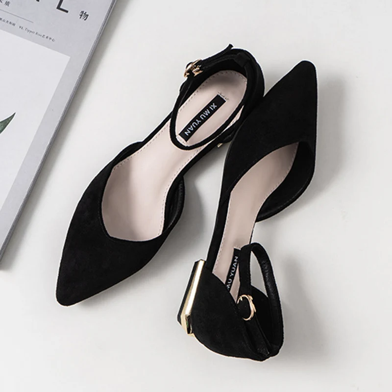 Low Heel Single Women Shoes Woman Spring Pumps Summer Pointed Hollow Sandals Word Belt Fairy Shoes Black Work Shoes Girl Shoes