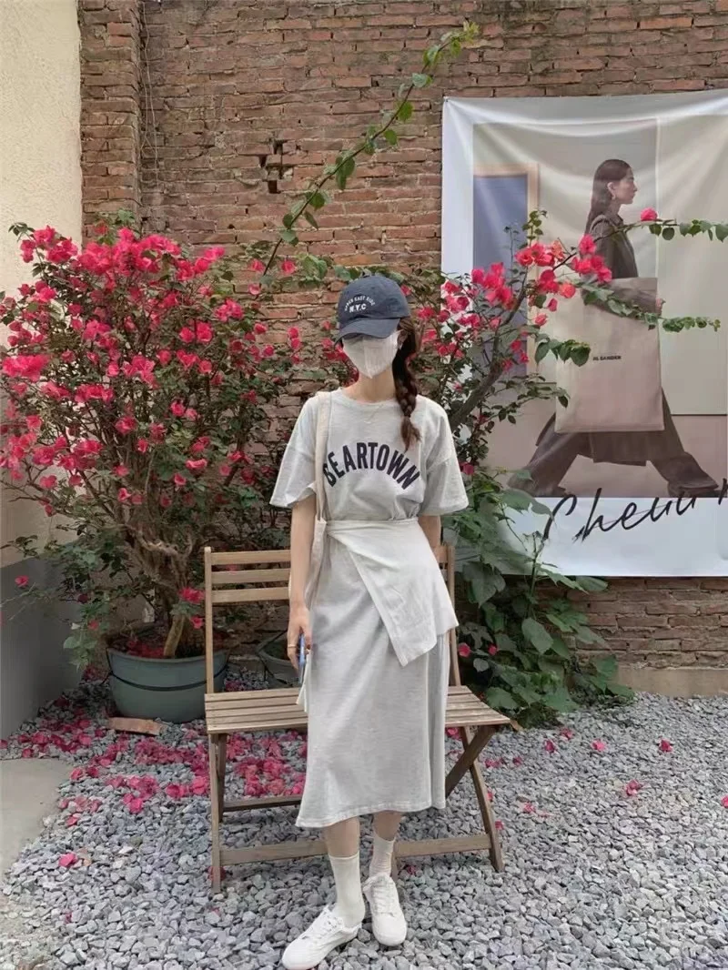 Summer New Korean Style Loose Midi Large Size Lazy T-Shirt Dress Lazy Design Sense Dress Can Be Worn outside Home Clothes