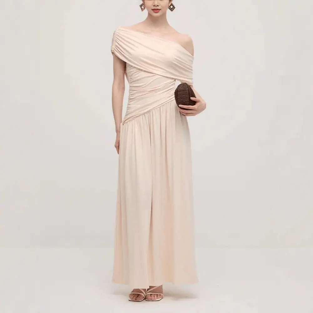 Jupe longue de soirée plissée, col incliné, Sexy, coupe cintrée, couleur Pure, taille haute, ligne a, t-shirt en Fiber d'acétate