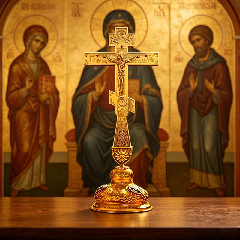

New Gold Plated Orthodox Church Standing Cross Crucifix with Enamel Base for Liturgy Home Altar Prayer Devotion Christian Gift