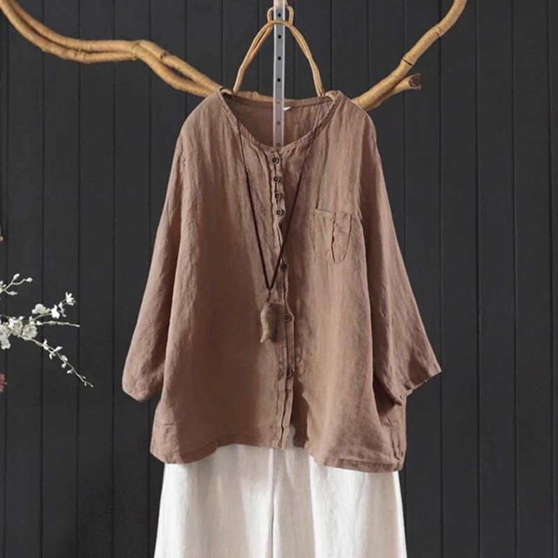 

100% Linen Women Casual Shirt New Arrival 2025 Summer Vintage Style O-neck Solid Color High Quality Female Tops Shirts M1826