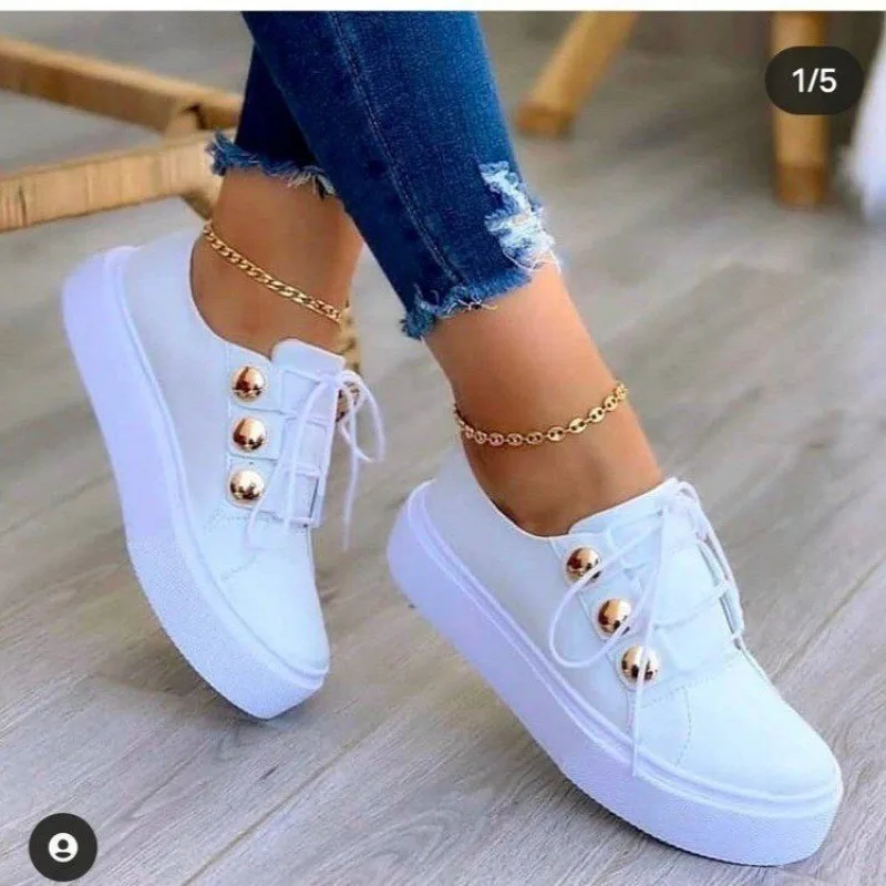 Zapatos blancos con plataforma y punta redonda para Mujer, mocasines informales con cordones, talla 43, 2023