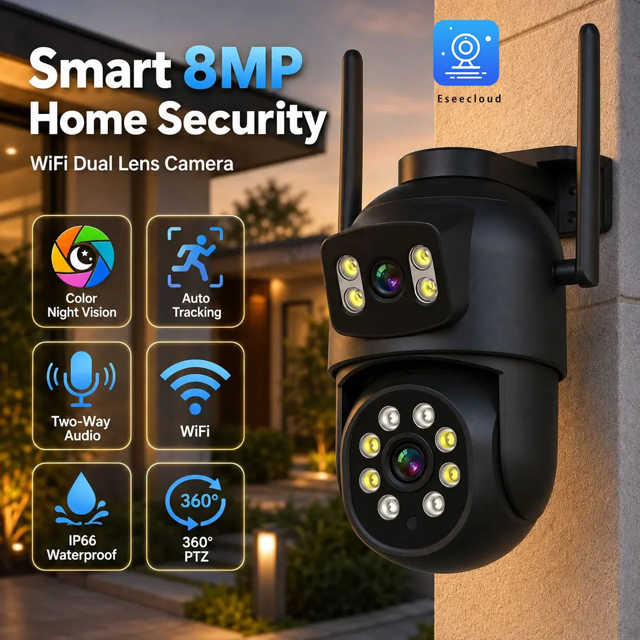 4K WiFi Surveillance Camera Wifi Outdoor Dual Lens PTZ IP Cameras Auto Tracking  8MP CCTV Video Security Camera Two Way Audio