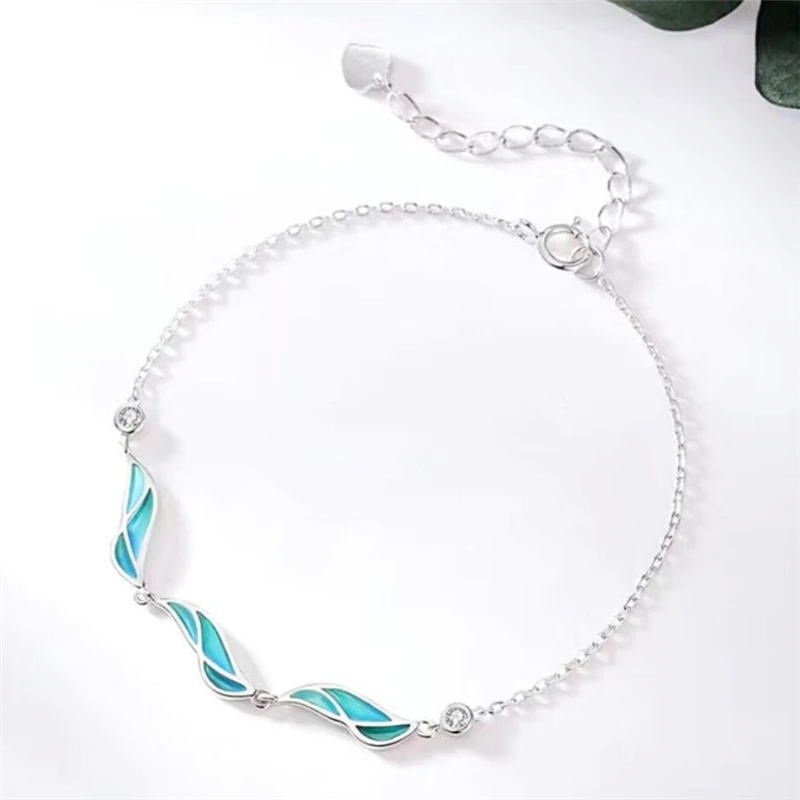 Sole Memory Blue Drip Glaze Waves Spray Fresh 925 Sterling Silver Lovely Fine Jewelry Luxury Female Resizable Bracelet BR307