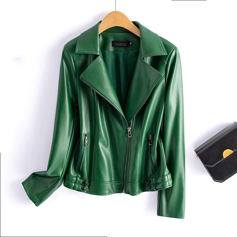 New Women Short Leather Coat Spring Autumn Fashion Suit Collar Zipper Fly Slim Moto Biker Jacket Split Leather Casual Outerwear