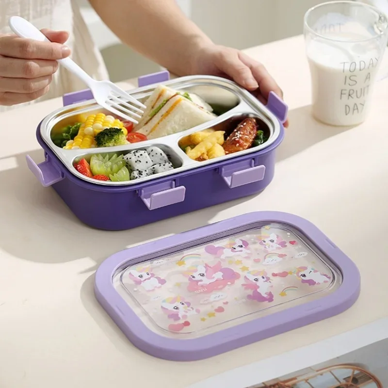 Stainless Steel Cartoon Lunch Box Compartmented Bento Box with Spoon Fork Sealed Leak-proof Lunch Box Food Storage Container